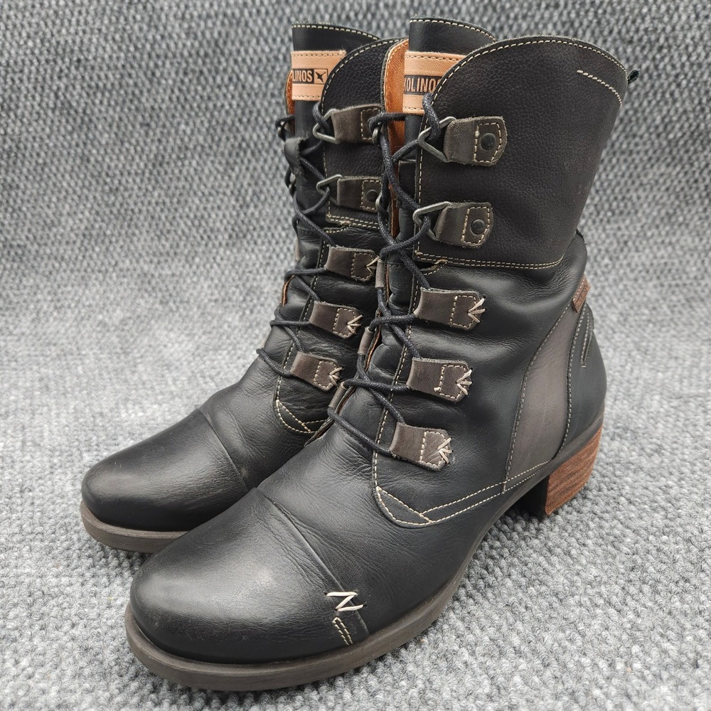 Pikolinos (Women's 42) Le Mans Boots Black Leather Lace Up Zip Block Heel Witchy